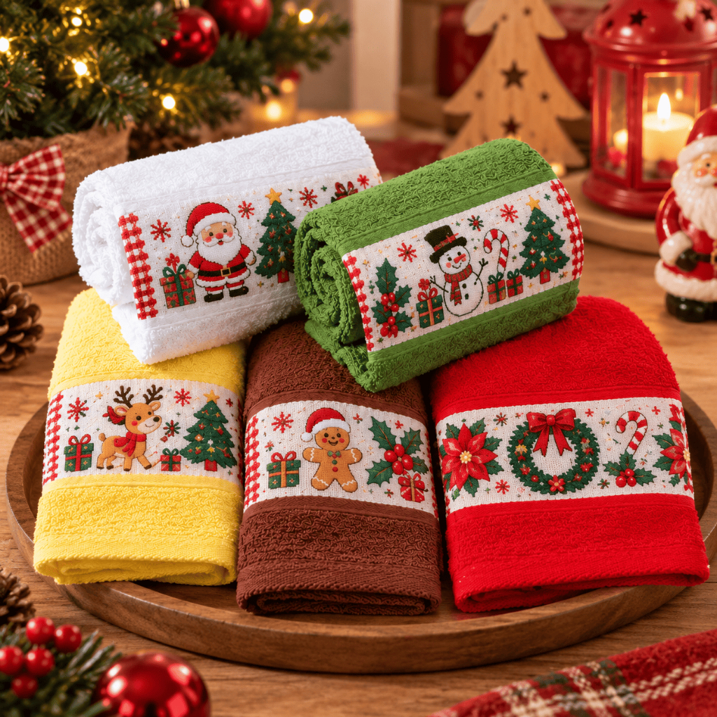 Kit 5 Toalha Lavabo Decoração Natal Natalina 100% Algodão 26x47cm