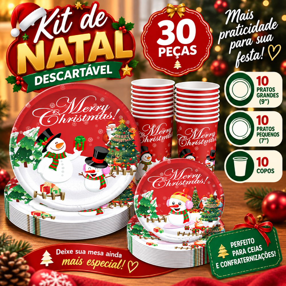 Kit Natal 30 Peças Pratos 7 e 9 Pol Copos Boneco de Neve Festa