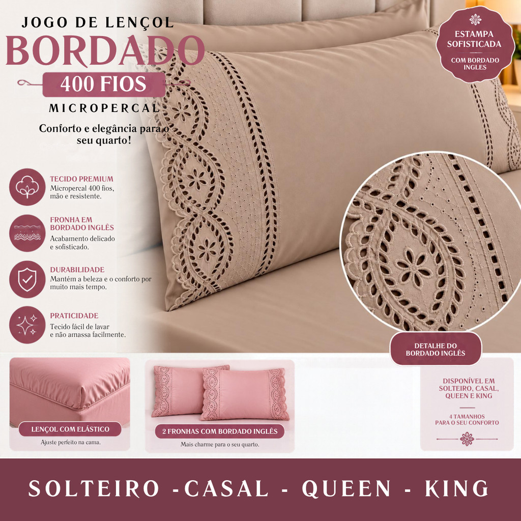 Kit de Lençol 400 Fios com Fronha em Bordado Inglês – Micropercal para Cama Solteiro, Casal, Queen e King