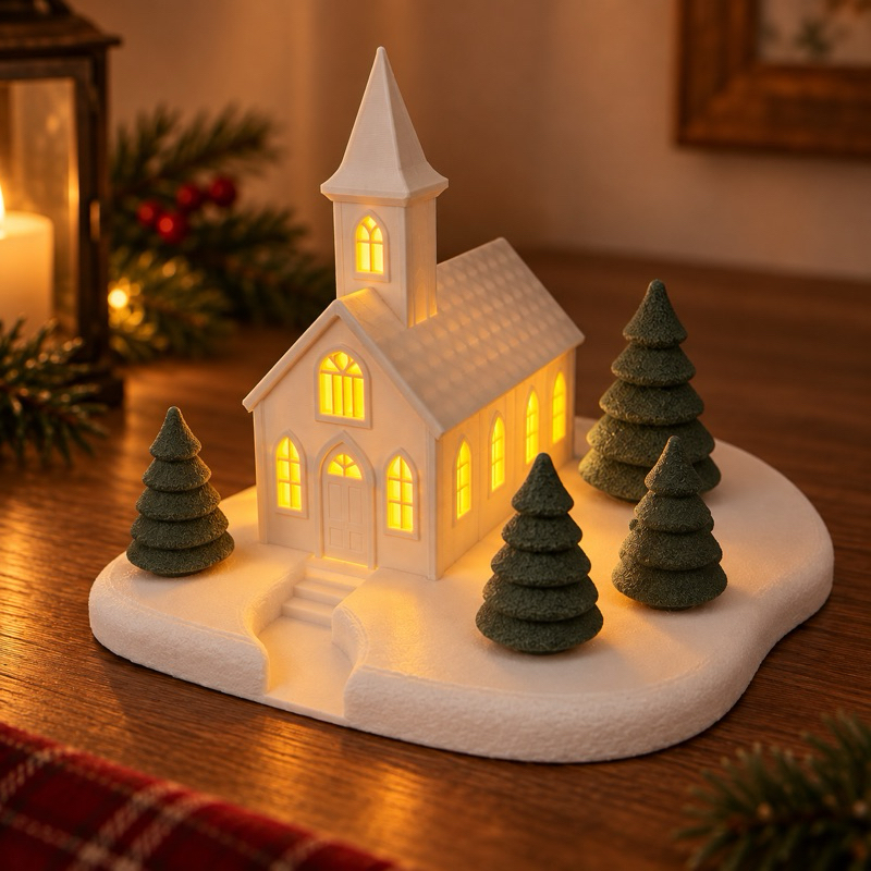 Vila Natalina Igreja e Árvores de Natal Com Vela Led | Enfeite Decoração de Natal Iluminada